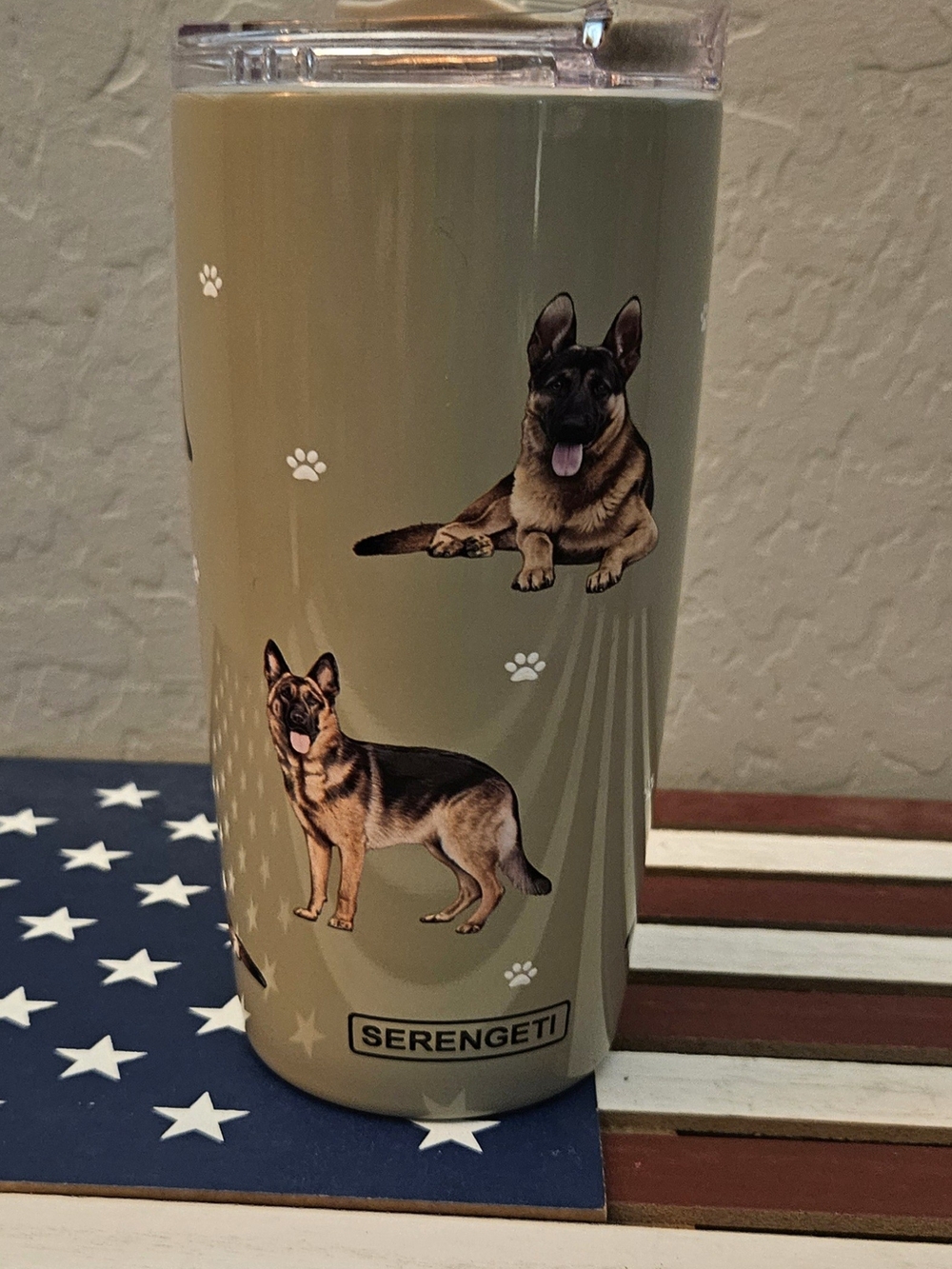 Serengeti Olive Green German Shepherd Tumbler with Paw Print Art